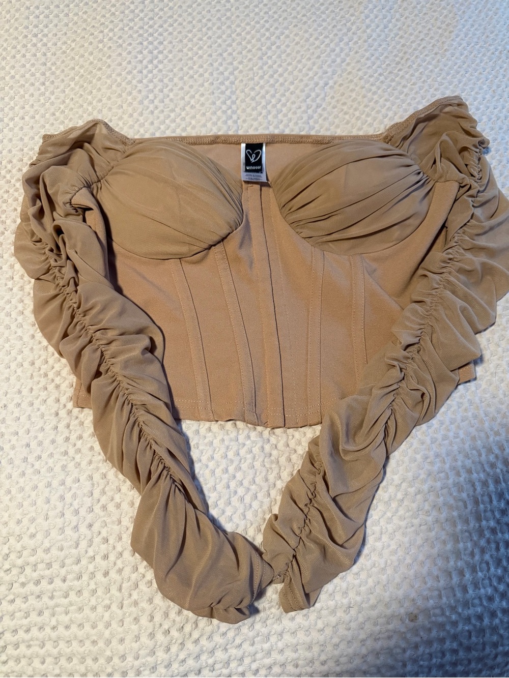 Windsor Ruched Off-Shoulder Bustier Top in Taupe